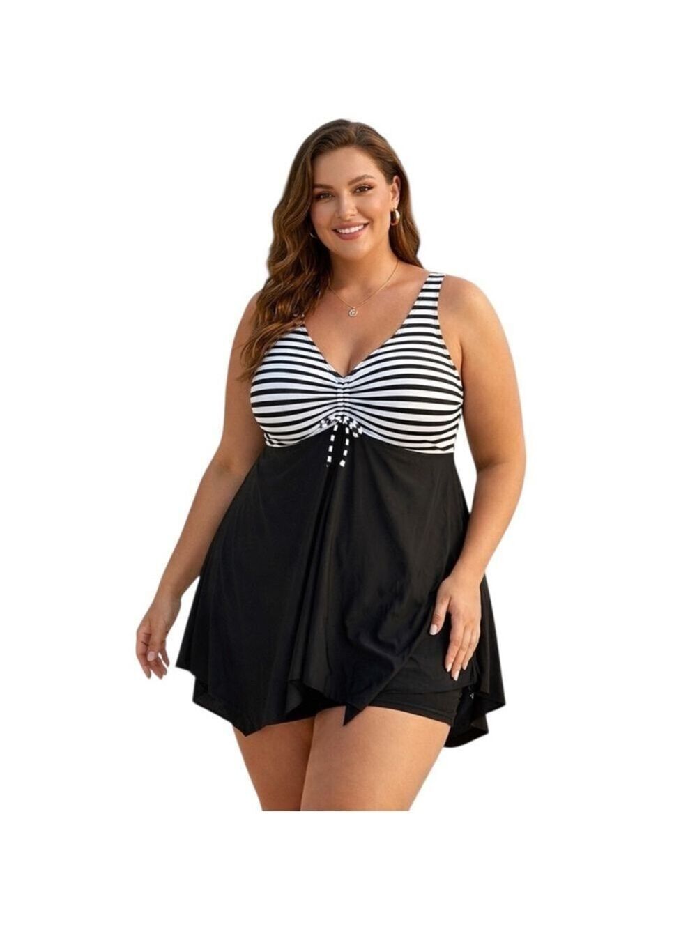 Daci Black & White Striped Swimdress Tankini Set Shorts 28W Plus NWT